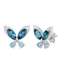 Macy's London Blue Topaz (1-1/4 ct. t.w.), Swiss Blue Topaz (1/4 ct. t.w.) & Diamond (1/10 ct. t.w.) Butterfly Stud Earrings in Sterling Silver