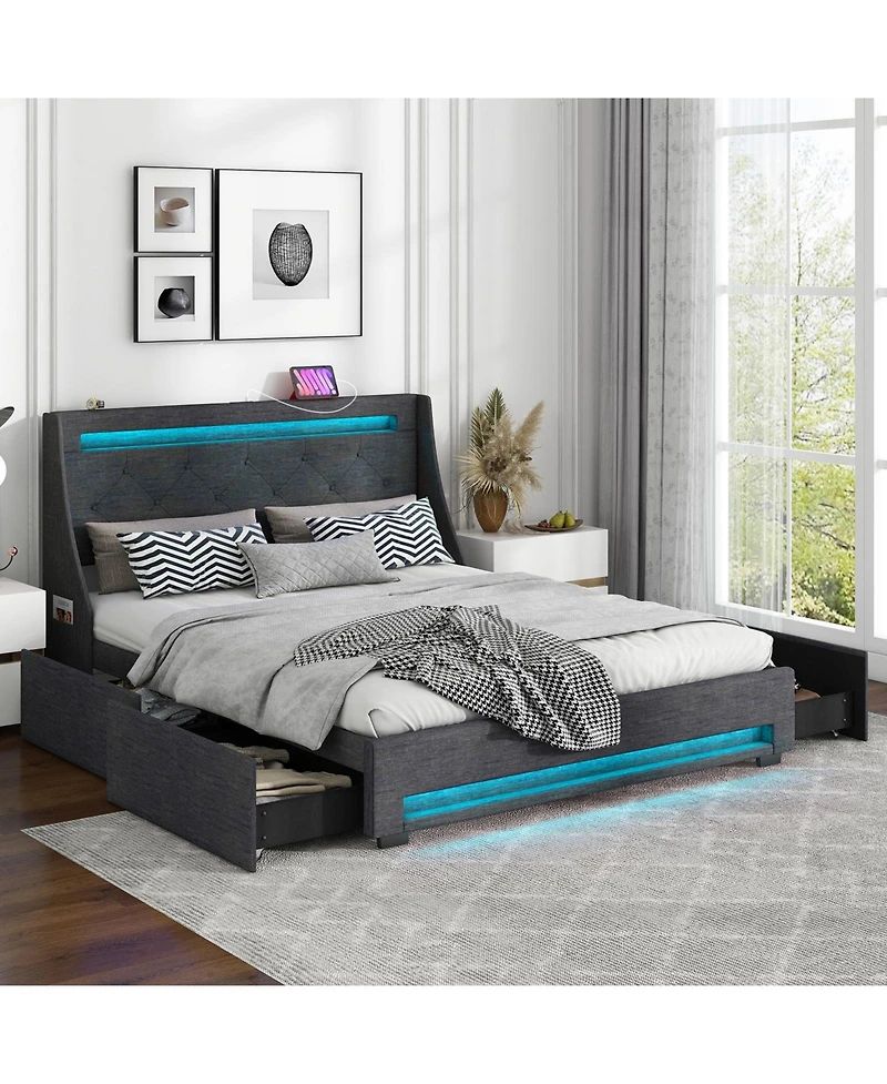 Sugift Queen Size Upholstered Platform Bed Frame with Led Lights and Charging Station