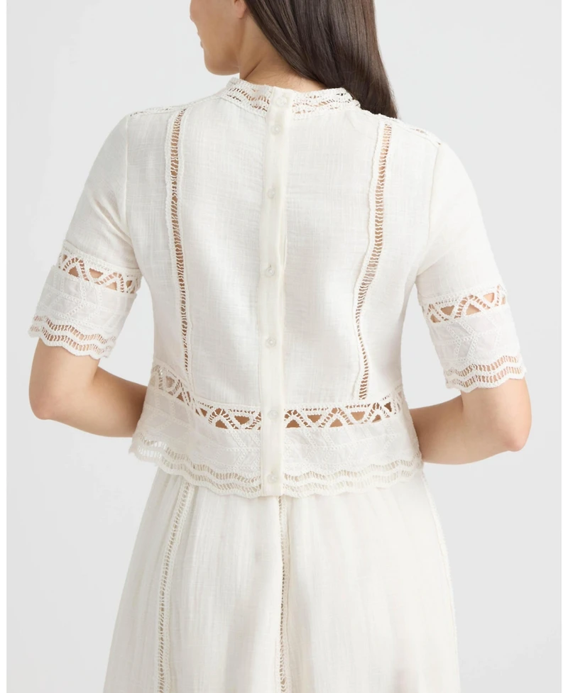 Ellen Tracy Women's Cotton Crosshatch Top with Crochet Applique