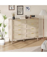 gaomon 8 Drawer Dresser, Rattan Dresser for Bedroom with 5 Strong Legs, Farmhouse Wood Chest of Drawer with Golden Handles for Living Room