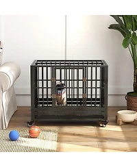 Aostirmotor 36" Heavy Duty Metal Dog Cage – Double Door Kennel with Lockable Wheels & Removable Tray