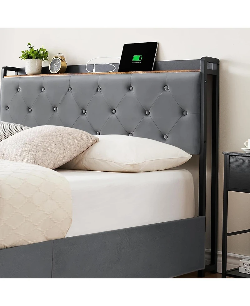 gaomon Size Velvet Upholstered Platform Bed Frame with 4 Storage Drawers & Usb/Ac Charging Station & No Box Spring Needed