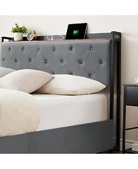 gaomon Size Velvet Upholstered Platform Bed Frame with 4 Storage Drawers & Usb/Ac Charging Station & No Box Spring Needed