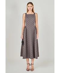 endless rose Women's Square Neck Polka Dot Gathered Waist Midi Dress
