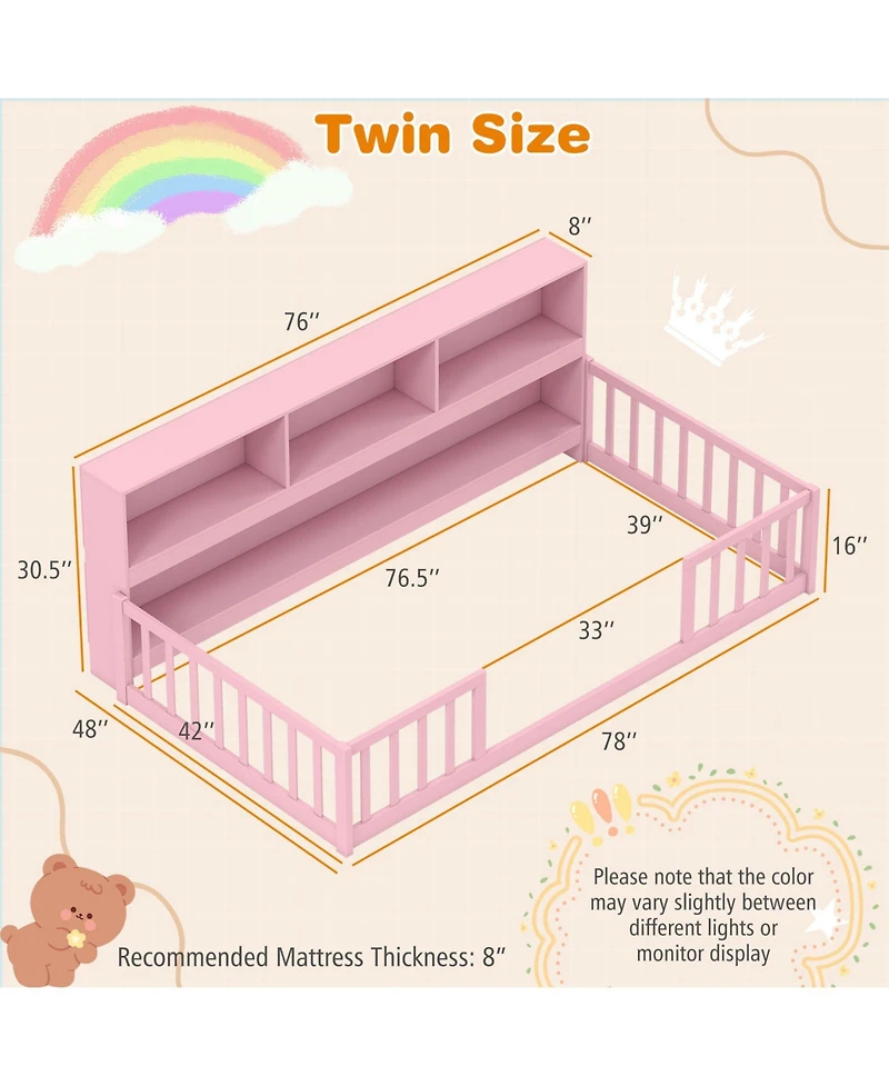Slickblue Twin Montessori Floor Bed with Bookcase Storage