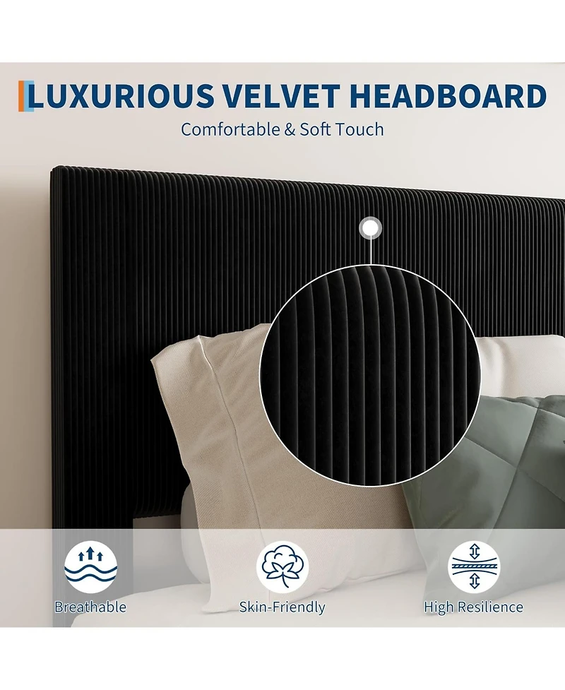 gaomon Platform Bed Frame with Headboard, Corduroy Upholstered Bed, Wooden Slats Support, Noise-Free Easy Assembly