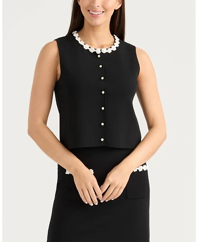 Ellen Tracy Women's Knit Vest with Beaded Crochet Trims
