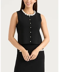 Ellen Tracy Women's Knit Vest with Beaded Crochet Trims