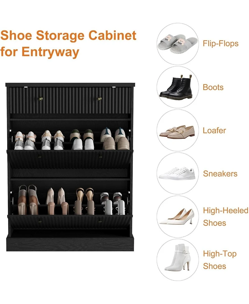 gaomon Fluted Shoe Cabinet with 2 Flip Drawers and 1 Top Drawer Narrow Wooden Cabinet with Adjustable Shelves Freestanding Shoe Organizer