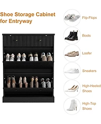 gaomon Fluted Shoe Cabinet with 2 Flip Drawers and 1 Top Drawer Narrow Wooden Cabinet with Adjustable Shelves Freestanding Shoe Organizer