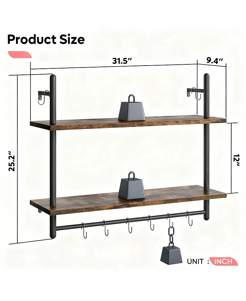 Yigii Floating Shelves Wall Mounted 31" 2-Tier Storage Rack with Towel Bar 8 Hooks