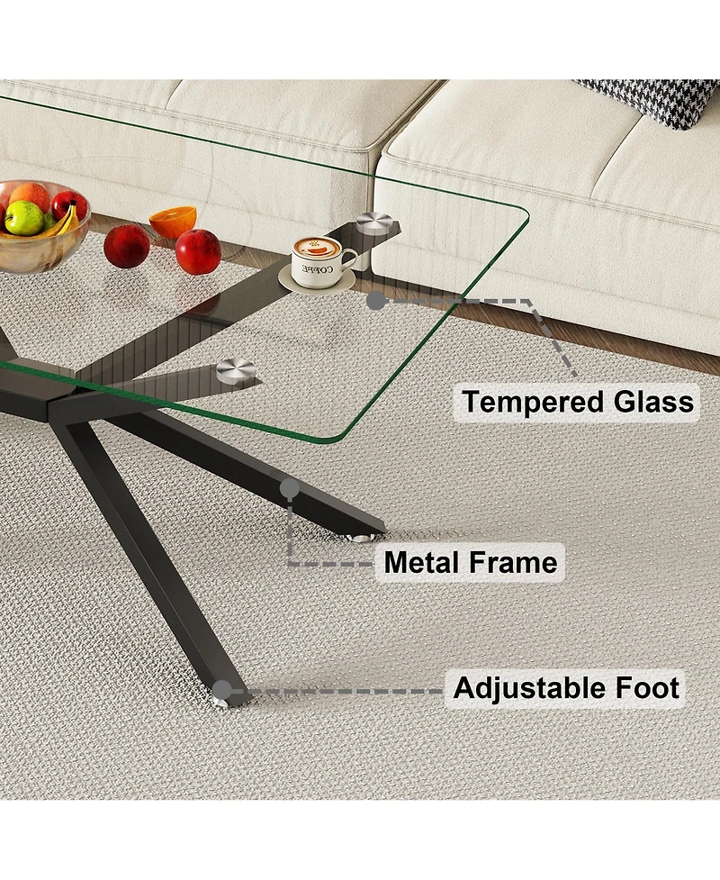 Rainsken Rectangular Clear Tempered Glass Coffee Table with Adjustable Feet and Metal Legs for Living Room