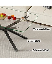Rainsken Rectangular Clear Tempered Glass Coffee Table with Adjustable Feet and Metal Legs for Living Room