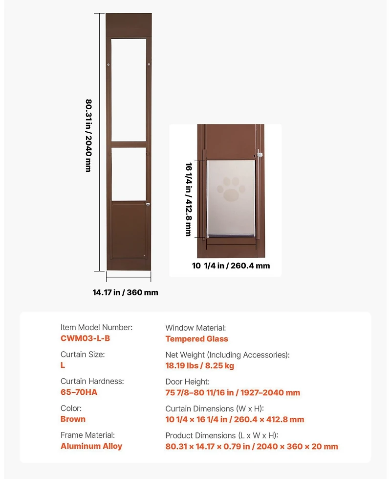 Cozito Sliding Glass Dog Door Adjustable Height 75 7/8" to 80 11/16" with 10 1/4" x 16 1/4" Flap