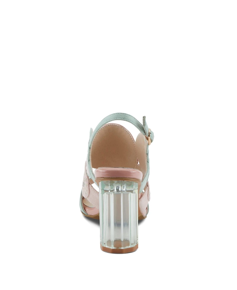 Azura Women's Embroidery Pumps and Heels - Geometric Design, Adjustable Ankle Strap, Transparent Cylindrical Heel