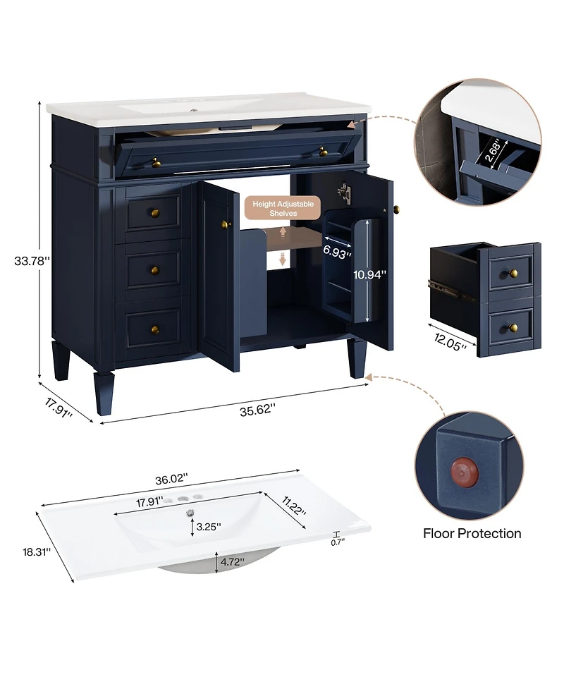 Tribesigns Modern Bathroom Vanity with Sink, Freestanding Vanity Cabinet with 3 Drawers, Storage Cabinet & Ceramic Undermount Basin