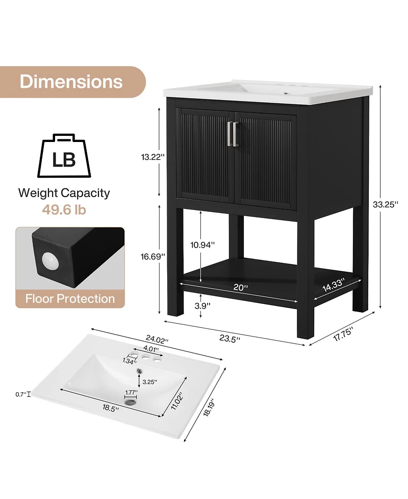 Tribesigns 24" Bathroom Vanity with Sink, Modern Freestanding Ceramic Porcelain Basin