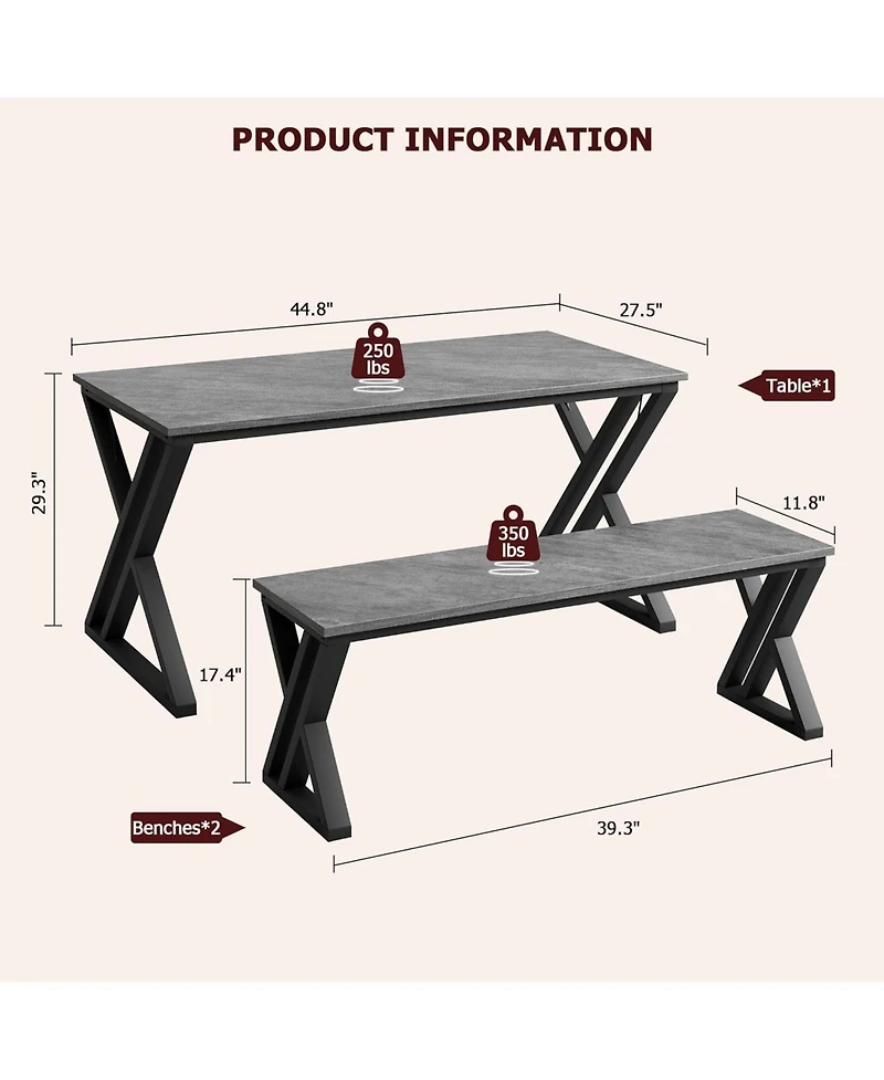 gaomon 3-Piece Rectangular Dining Table Set with X-Shaped Metal Frame and 2 Benches