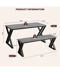 gaomon 3-Piece Rectangular Dining Table Set with X-Shaped Metal Frame and 2 Benches