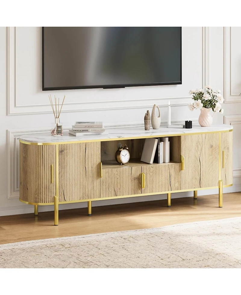 gaomon Luxury Fluted Tv Stand with Faux Marble Top & Curved Sliding Doors, Modern Entertainment Center for TVs Up to 80", Large Storage Media Console