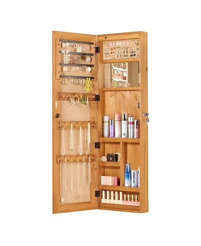 flynama Solid Wood Jewelry Armoire Organizer Cabinet with Full Length Mirror Wall Mounted Lockable with Led Light