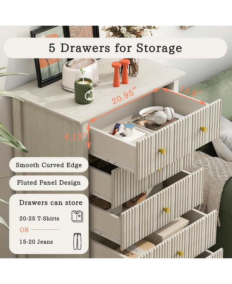 flynama Minimalist 6 Drawer Dresser Cream Finish Sturdy Construction for Bedroom Living Room Storage