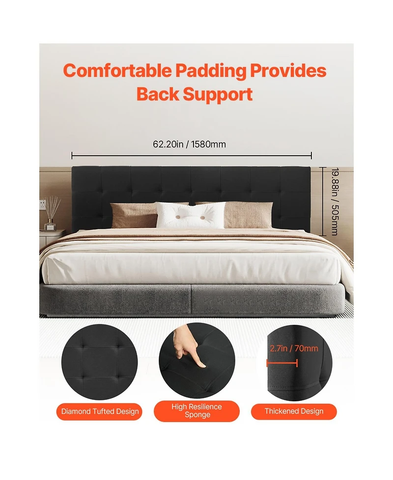 Flynama Queen Size Adjustable Height Diamond Tufted Headboard 62.2W x 42.72-54.53H x 2.76D inch