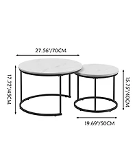 Rainsken Nesting Coffee Table Set of 2, 27.6" Round Center Table, Wood Marble Pattern Top with Sturdy Metal Frame for Living Room