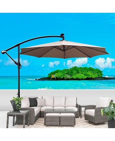 Clihome 10 Ft Solar Powered Led Waterproof Outdoor Umbrella with Crank and Cross Base