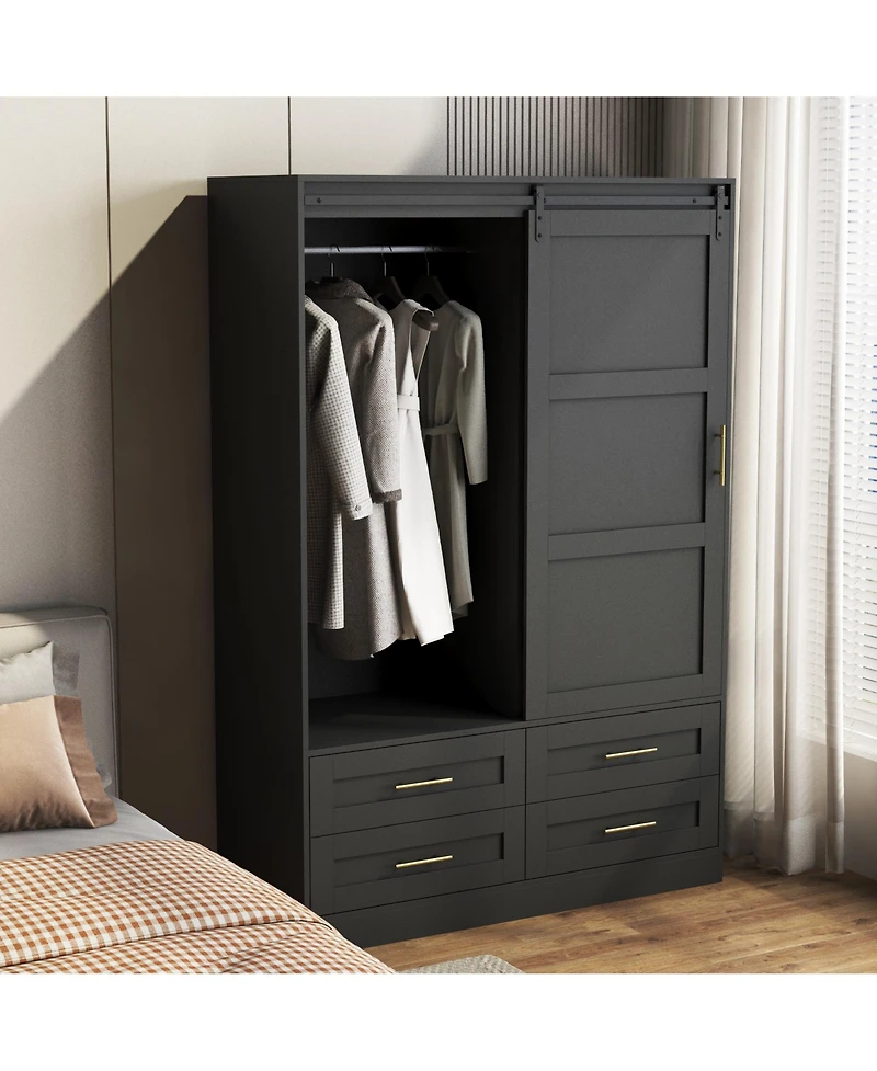 flynama Tall Bedroom Armoire Wardrobe Closet with Hanging Rod Barn Door Drawers and Open Shelves Clothing Storage Cabinet