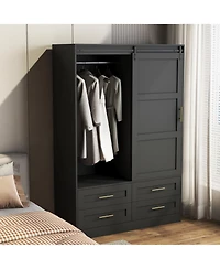 flynama Tall Bedroom Armoire Wardrobe Closet with Hanging Rod Barn Door Drawers and Open Shelves Clothing Storage Cabinet