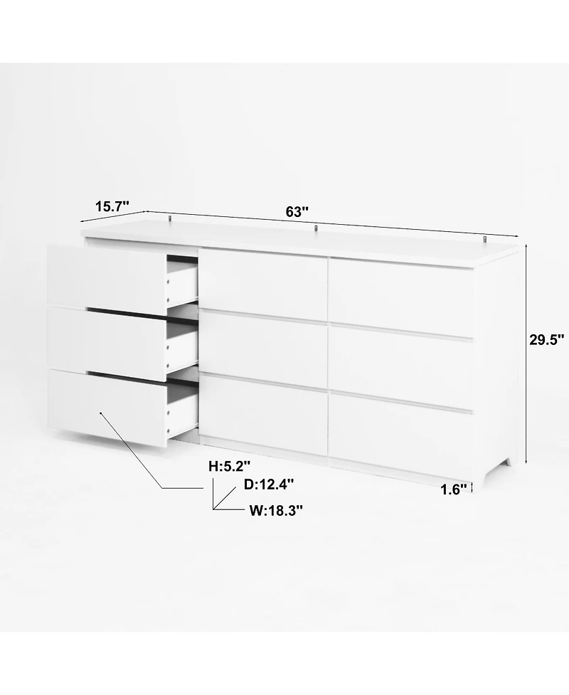 flynama Modern 9 Drawer Dresser No Handle Design 63-Inch-Wide Matte Wood.
