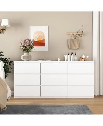 flynama Modern 9 Drawer Dresser No Handle Design 63-Inch-Wide Matte Wood.