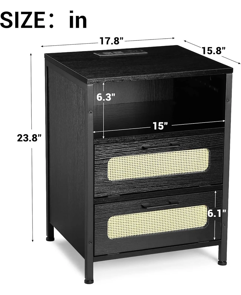 gaomon Nightstand with Led Lighting Charging End Table with 2 Usb Ports and 2 Outlets Bedroom Night Stand with 2 Rattan Decorated Drawers , Open Shelf