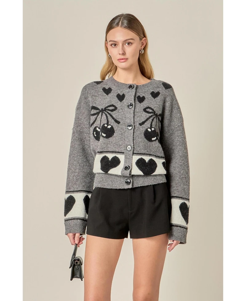 English Factory Women's Knit Cardigan with Cherry Heart Pattern