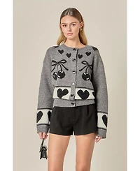 English Factory Women's Knit Cardigan with Cherry Heart Pattern