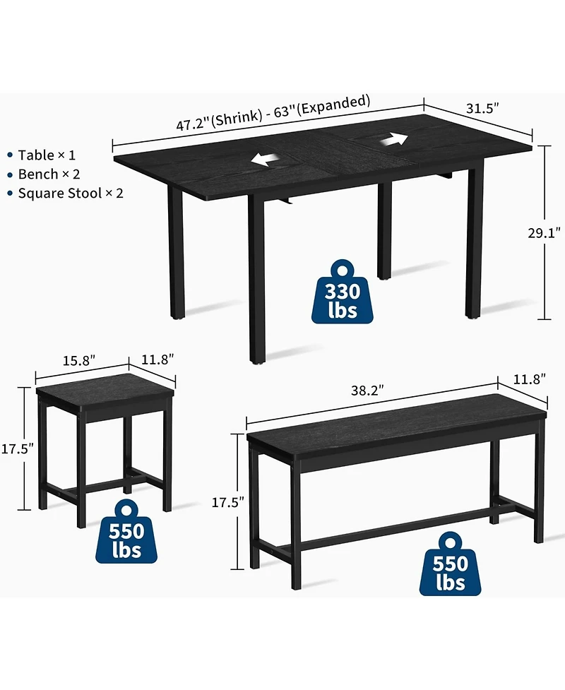 gaomon 5-Piece 63" Modern Extendable Dining Table Set with 2 Benches and 2 Square Stools