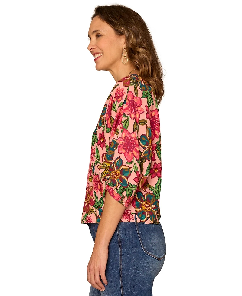 Democracy Petite Floral Kimono-Sleeve V-Neck Woven Top