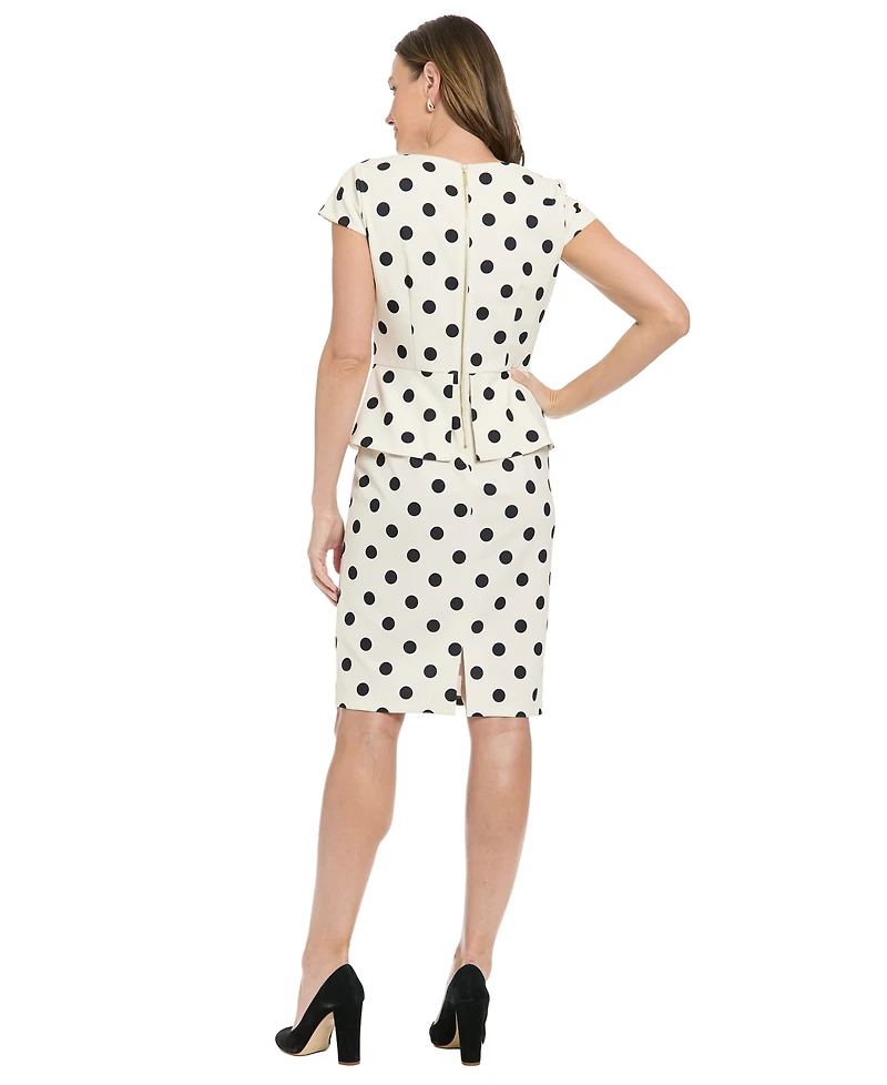 London Times Women's Polka Dot Peplum Boat Neck Knee Length Dress