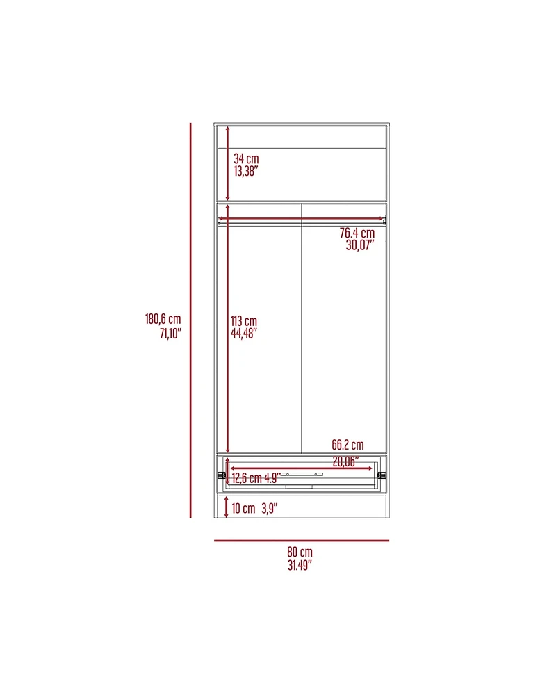 flynama Rio Double Door Armoire One Cabinet Hidden Drawer 71 Inch High Bedroom Storage Organizer with Hanging Rod