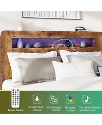 flynama Wood Platform Bed Dark Led Storage Headboard 2 Usb Charging Noise Free