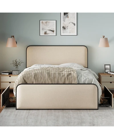 flynama Metal Bed Frame Beige Curved Upholstered Headboard 4 Storage Drawers
