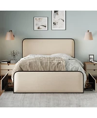 flynama Metal Bed Frame Beige Curved Upholstered Headboard 4 Storage Drawers