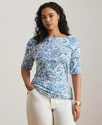 Lauren Ralph Plus Paisley Stretch Boatneck T-Shirt