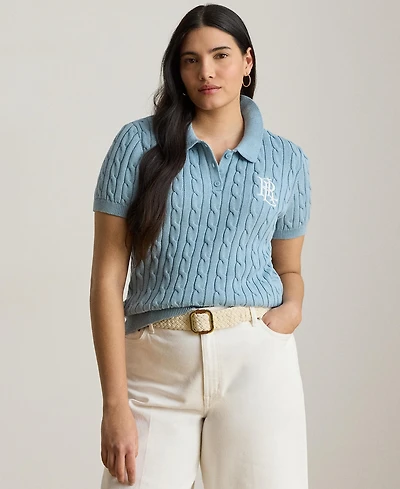 Lauren Ralph Plus Cable-Knit Cotton Polo Sweater