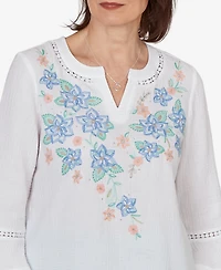 Alfred Dunner Women's Caribbean Blues Tropical Floral Split Neck Embroidered Top