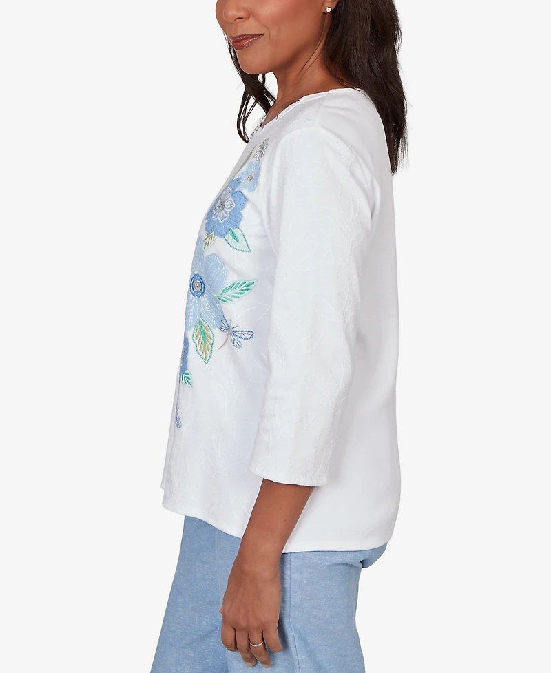 Alfred Dunner Women's Caribbean Blues Embroidered Dragonfly Floral Top