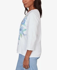 Alfred Dunner Women's Caribbean Blues Embroidered Dragonfly Floral Top