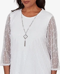 Alfred Dunner Women's Caribbean Blues Popcorn Mesh Solid Top with Necklace