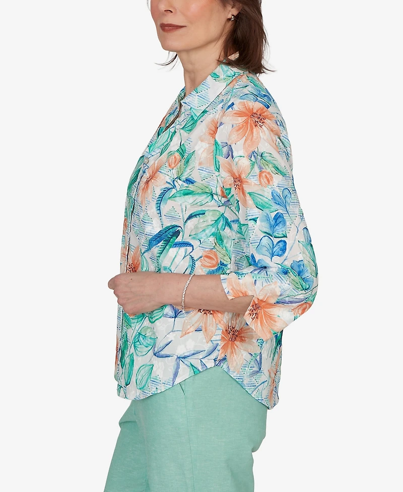 Alfred Dunner Petite Caribbean Blues Tropical Flower Eyelet Tie-Sleeve Top